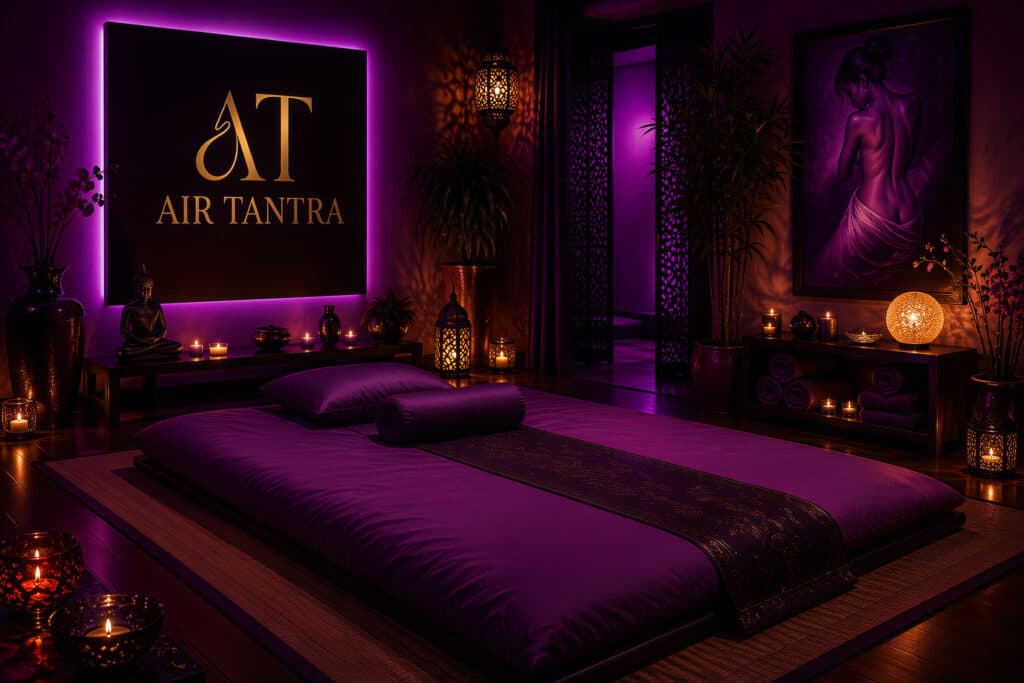 Incall vs outcall massage — a professional incall massage studio in Australia with Air Tantra purple lighting and massage table