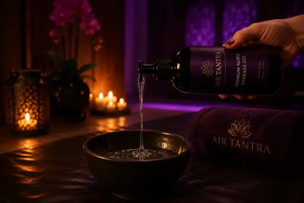 Air Tantra nuru massage gel preparation in a luxury Australian spa environment