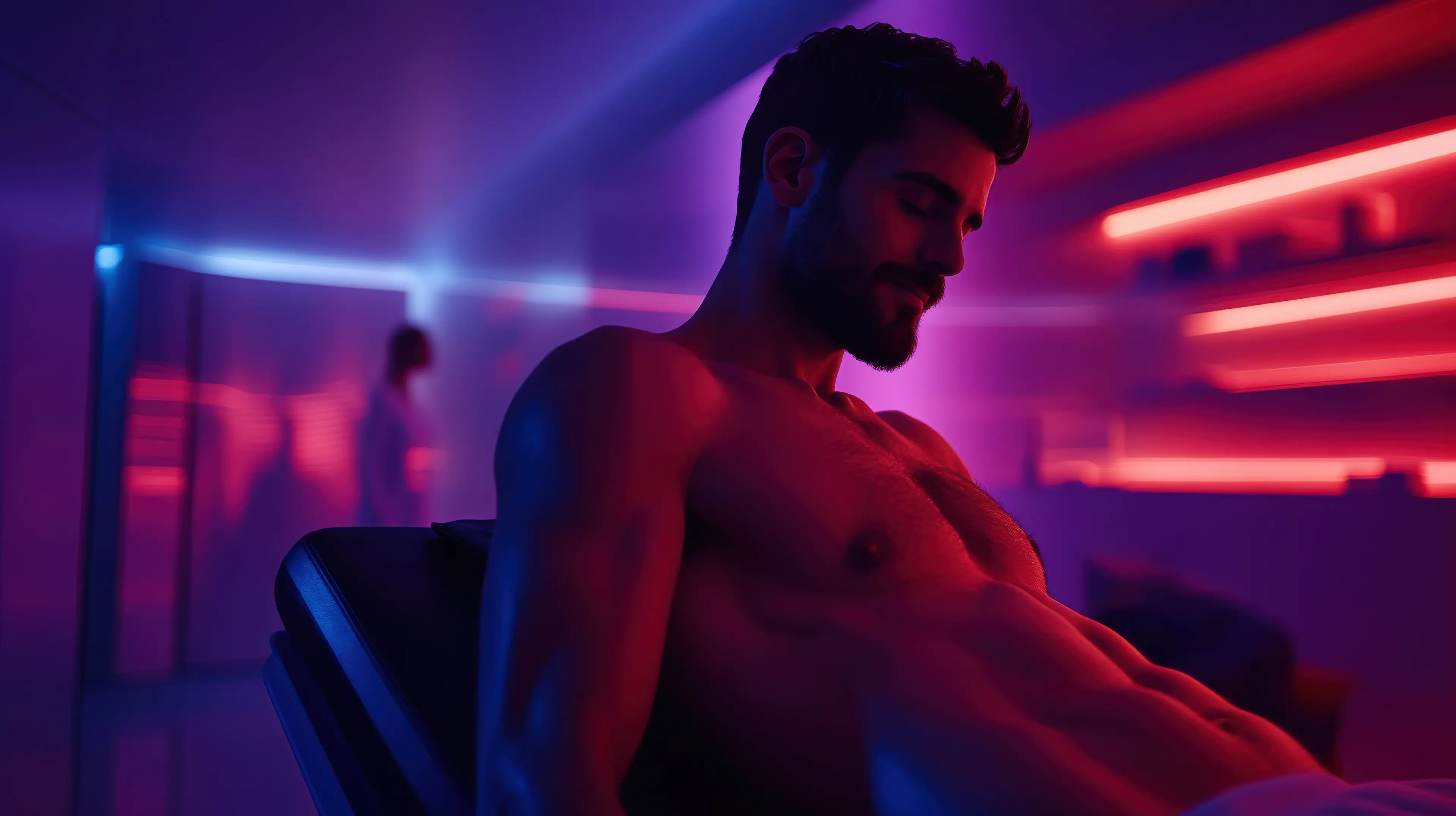 Calm and Relaxing Male Portrait in Neon Spa Environment