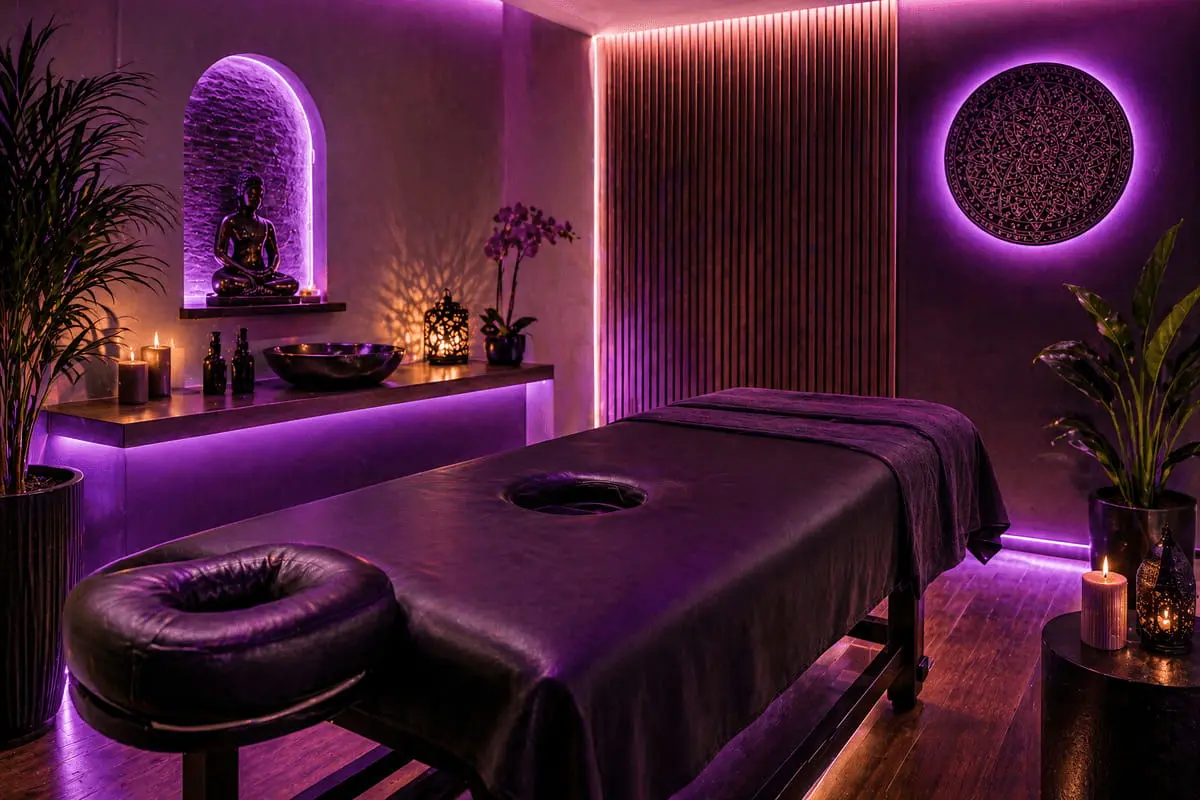 Moody massage studio with purple lighting set up for a milking table session in Australia